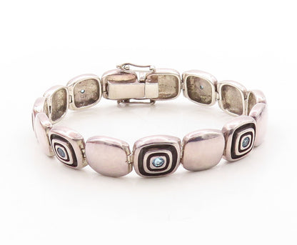 925 Sterling Silver Vintage Bracelet Solid Square Cutout Blue Topaz  BT10890