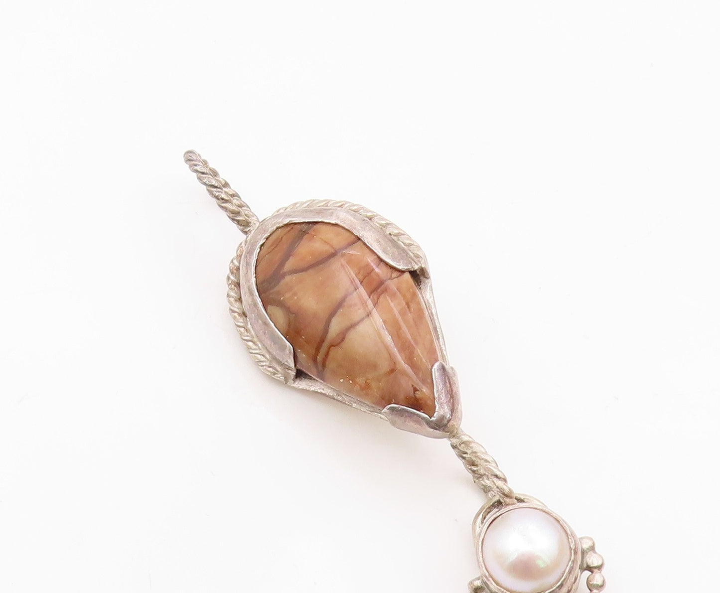 925 Sterling Silver  Vintage Pearl Pink Topaz & Jasper Twist Pendant  PT14798