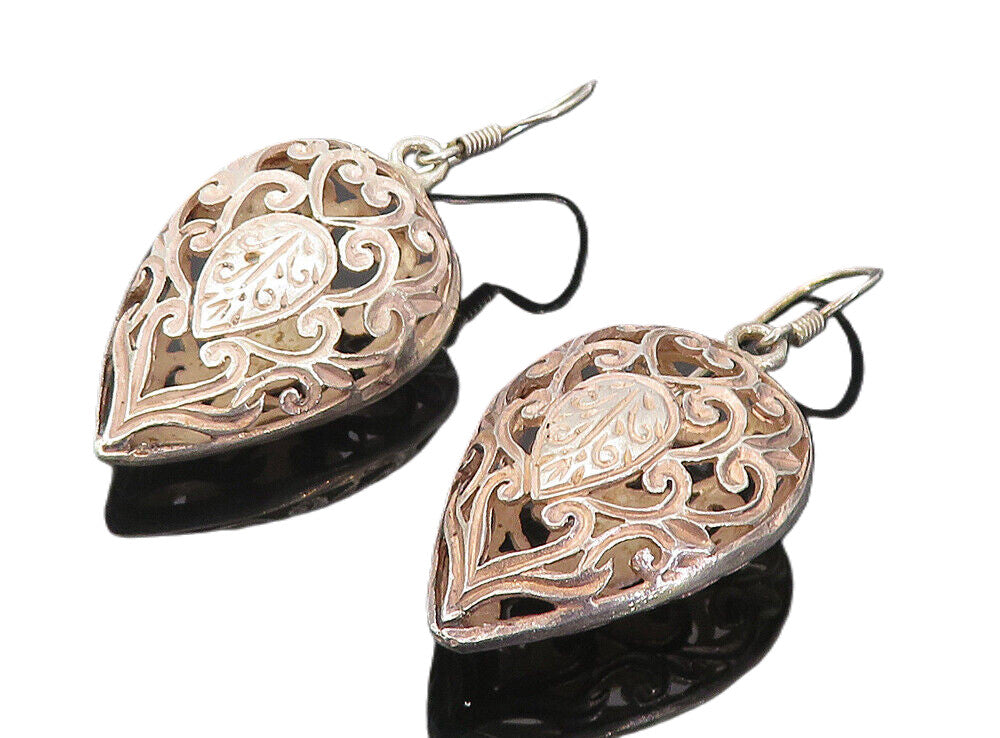 925 Sterling Silver  Vintage Open Love Heart Swirl Tear Drop Earrings  EG3980