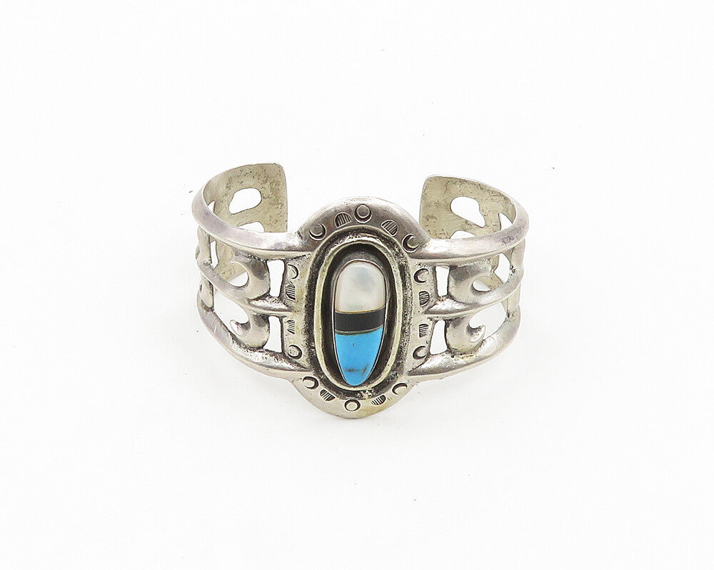 DH ZUNI NAVAJO 925 Sterling Silver Vintage Mother Of Pearl Cuff Bracelet  BT7535