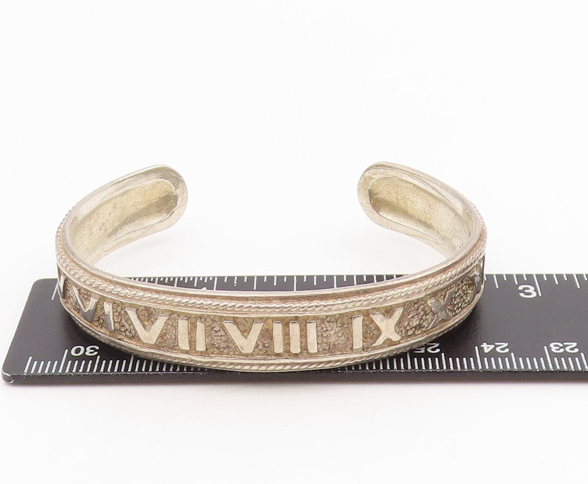 925 Sterling Silver Vintage Bracelet Bold Roman Numerals Rope Edge Cuff  BT11564
