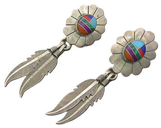 SOUTHWESTERN 925 Silver Vintage Coral & Multi Stone Dangle Earrings EG11422
