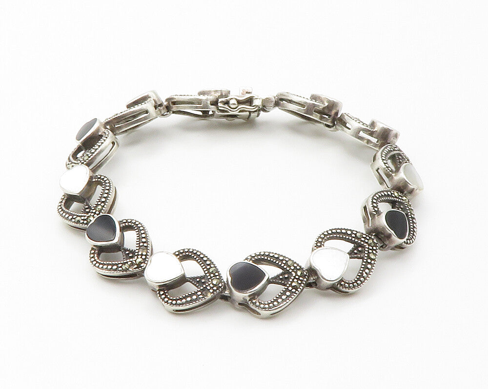 925 Silver  Vintage Mother Of Pearl & Black Onyx Heart Chain Bracelet  BT5754
