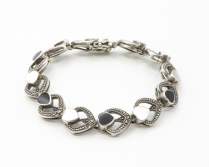 925 Silver  Vintage Mother Of Pearl & Black Onyx Heart Chain Bracelet  BT5754