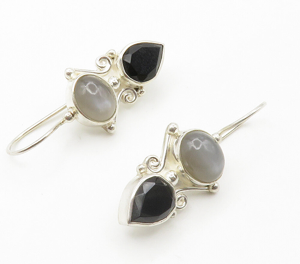 SAJEN 925 Silver  Vintage Black Hematite & Cat's Eye Dangle Earrings  EG7554