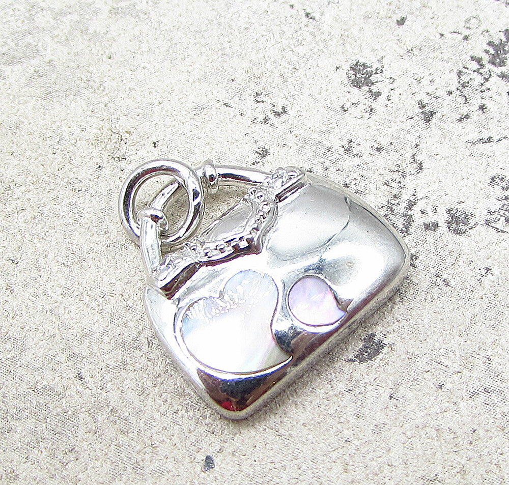 925 Silver  Inlay Mother of Pearl & CZ Heart Lady Purse Charm Pendant  PT1654