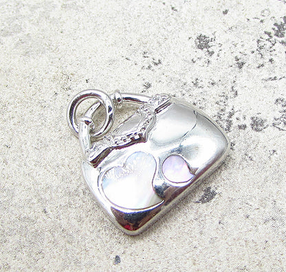 925 Silver  Inlay Mother of Pearl & CZ Heart Lady Purse Charm Pendant  PT1654