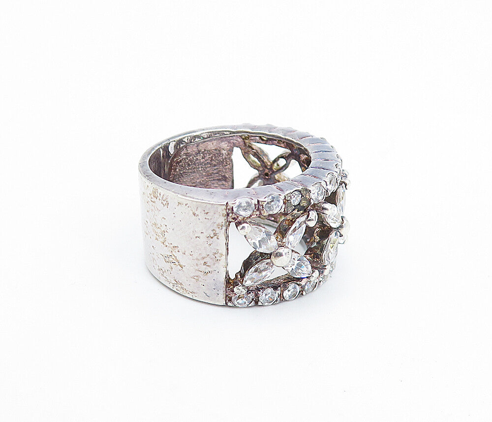 925 Sterling Silver  Shiny Topaz Open Flower Pattern Band Ring Sz 5.5  RG7299