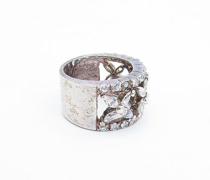 925 Sterling Silver  Shiny Topaz Open Flower Pattern Band Ring Sz 5.5  RG7299