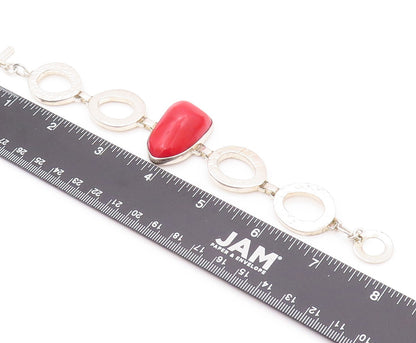 925 Sterling Silver Vintage Bracelet Designer Cutout Large Red Gemstone  BT11161
