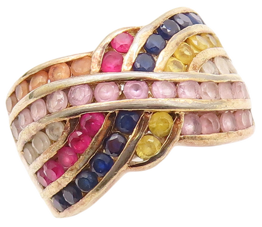925 Sterling Silver Vintage Ring Gold Plated Multi Color Gemstones Sz 6  RG31001