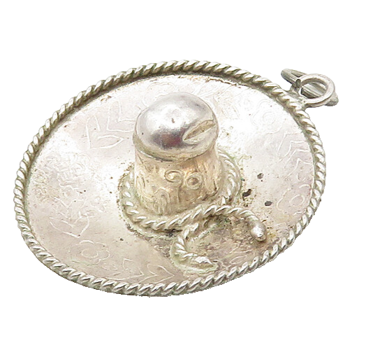 MEXICO 925 Sterling Silver Vintage Floral Etched Sombrero Pendant PT13799