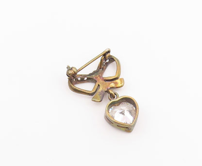 925 Silver  Vintage Cubic Zirconia Bow Tie & Love Heart Brooch Pin  BP9575