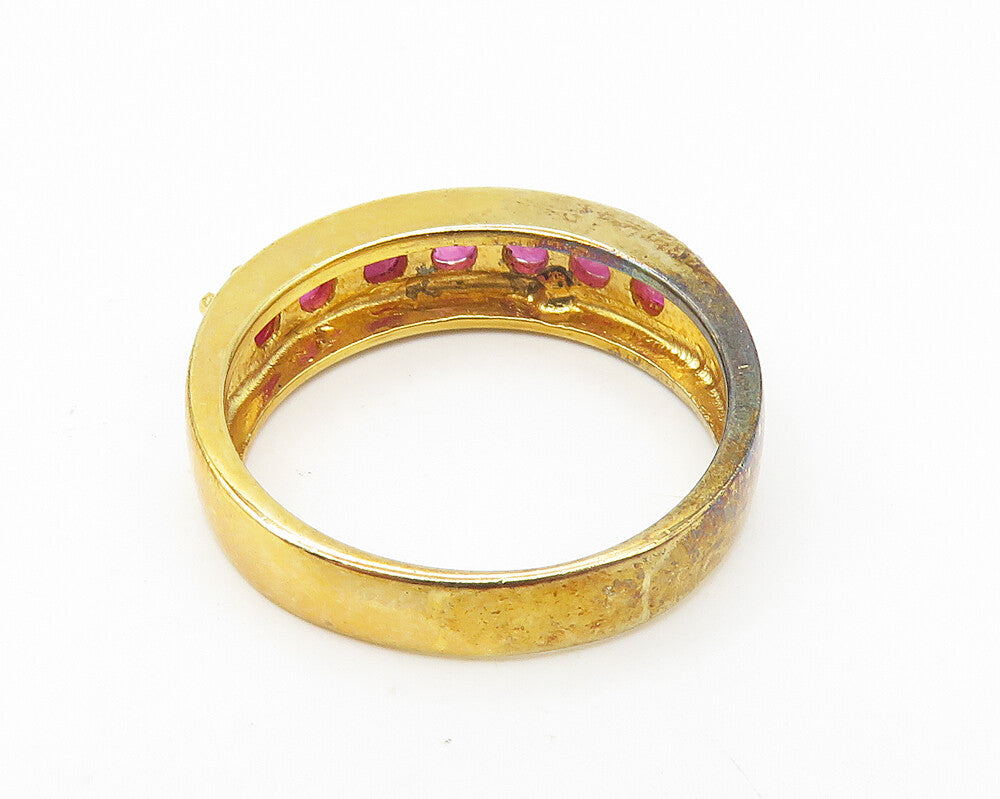 925 Sterling Silver  Prong Set Ruby Shiny Gold Plated Band Ring Sz 8  RG11040