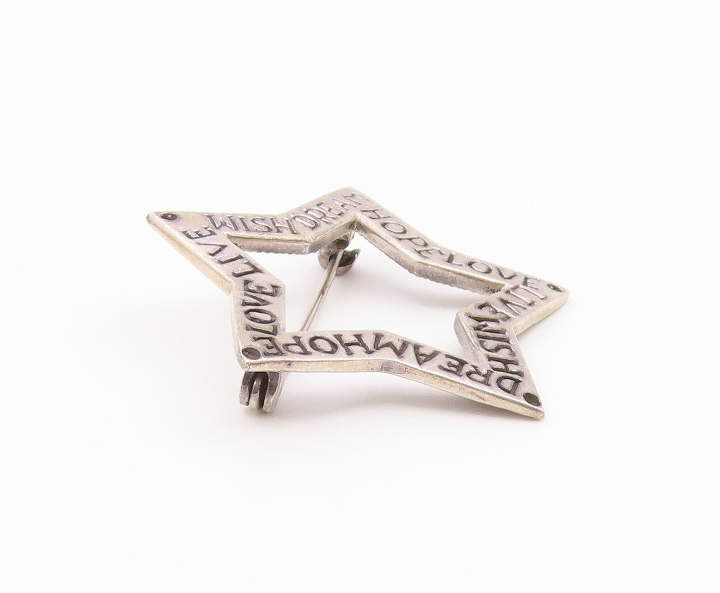 925 Sterling Silver Vintage Open Star Inspirational Words Brooch Pin BP7827