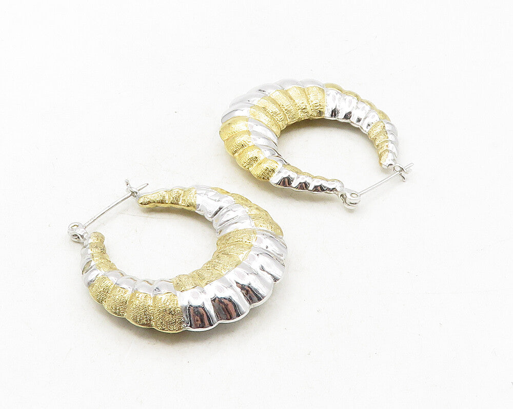 925 Sterling Silver  Shiny Two Tone Hollow Fluted Hoop Earrings  EG5101
