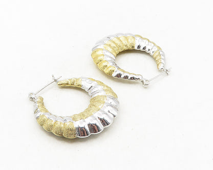925 Sterling Silver  Shiny Two Tone Hollow Fluted Hoop Earrings  EG5101