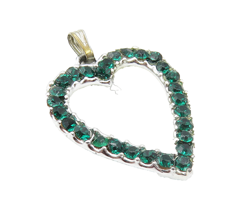 925 Sterling Silver  Green Topaz Shiny Open Love Heart Drop Pendant  PT8001