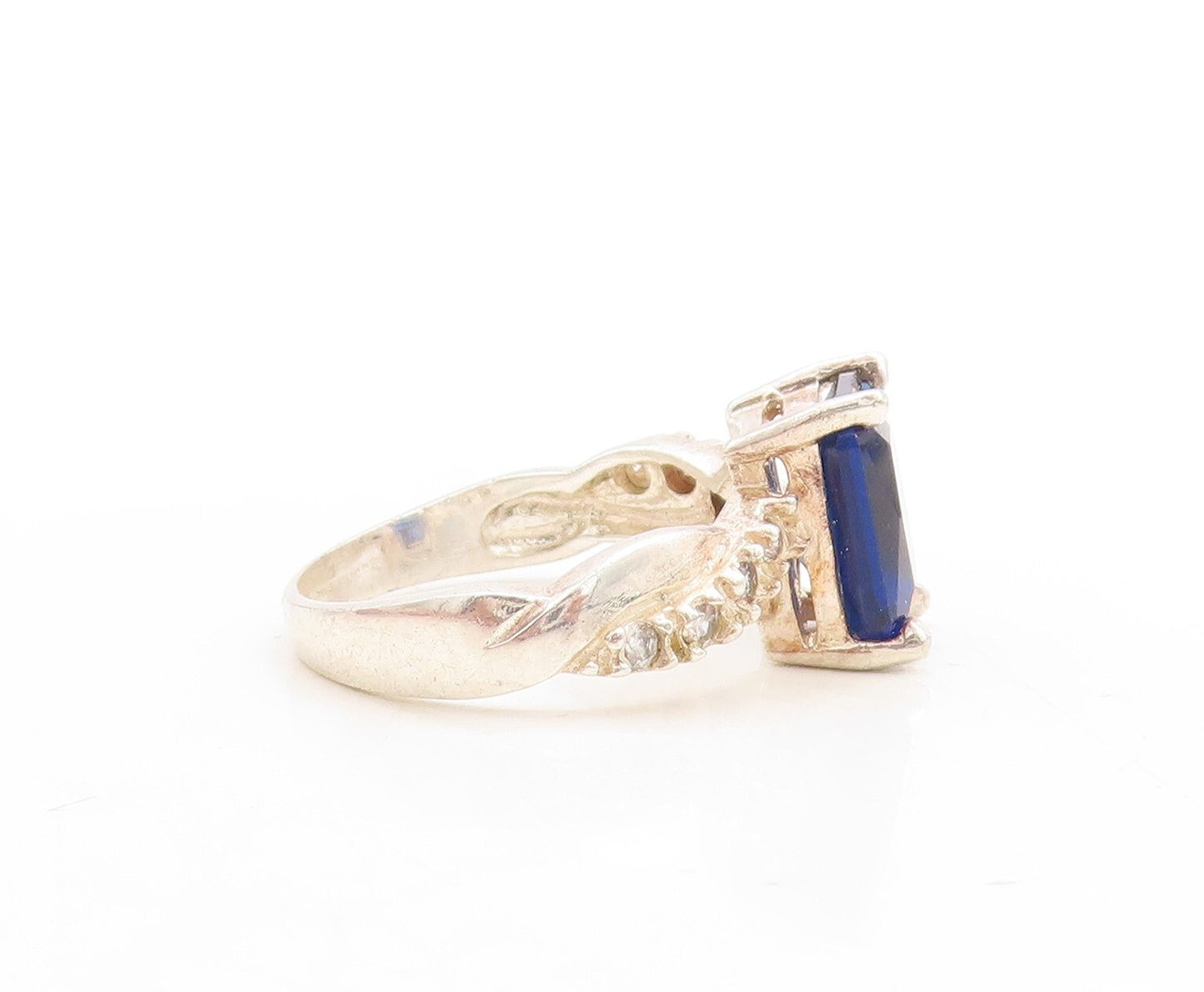 925 Sterling Silver Vintage Ring Rectangle Sapphire Twisted CZ  Sz 7.5  RG31192