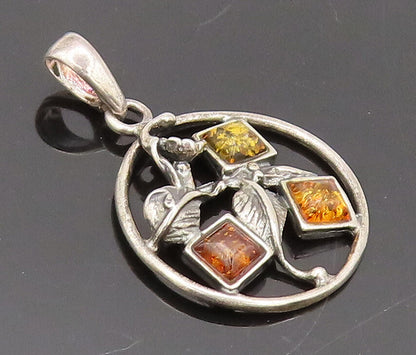 POLAND 925 Sterling Silver  Vintage Floral Cutout Amber Round Pendant  PT22406