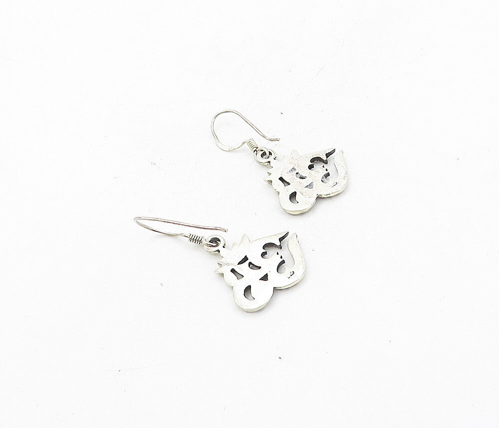 925 Sterling Silver  Vintage Shiny Om Spiritual Symbol Dangle Earrings  EG4132