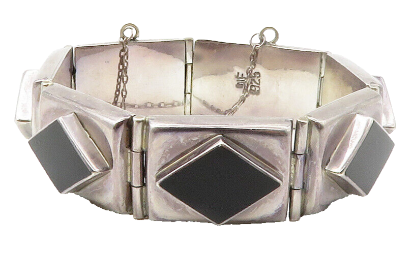 925 Sterling Silver  Vintage Diamond Shape Black Onyx Chain Bracelet  BT5584