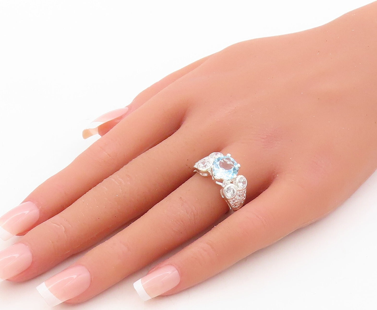 925 Sterling Silver Vintage Ring Designer Cutout Blue & White CZ  Sz 7  RG31032