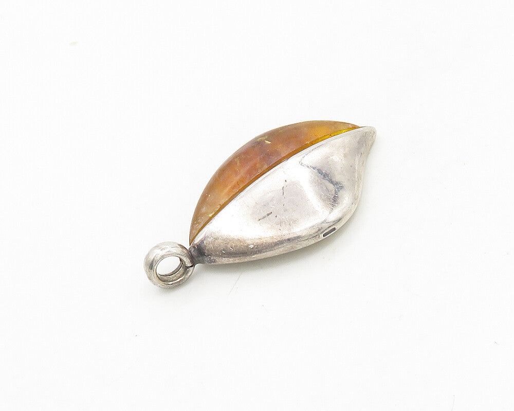 925 Sterling Silver  Vintage Amber Modernist Floral Leaf Pendant  PT14799