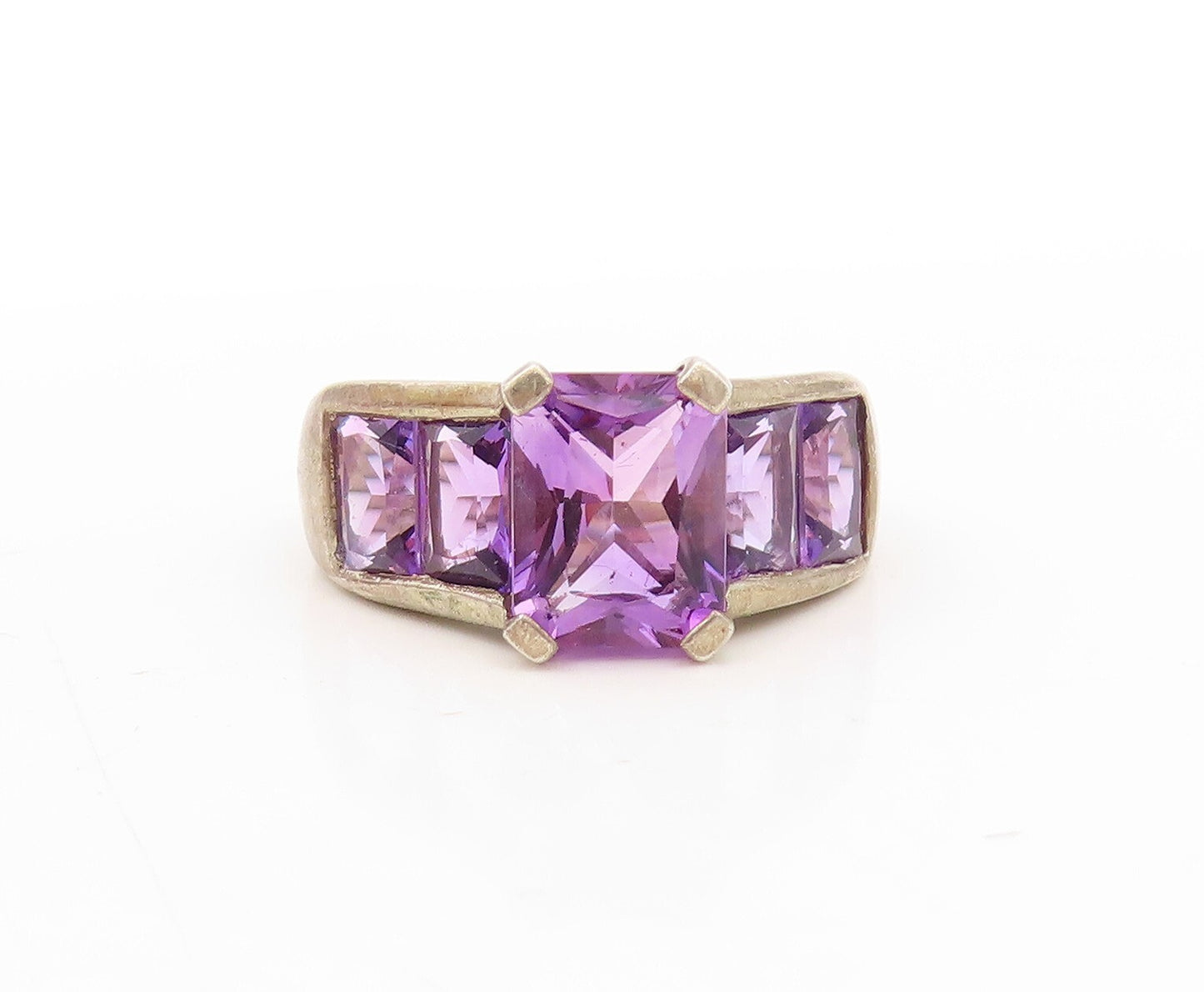 925 Sterling Silver Vintage Ring Dark Tone Rectangle Amethyst  Sz 6  RG31076