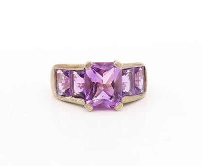 925 Sterling Silver Vintage Ring Dark Tone Rectangle Amethyst  Sz 6  RG31076
