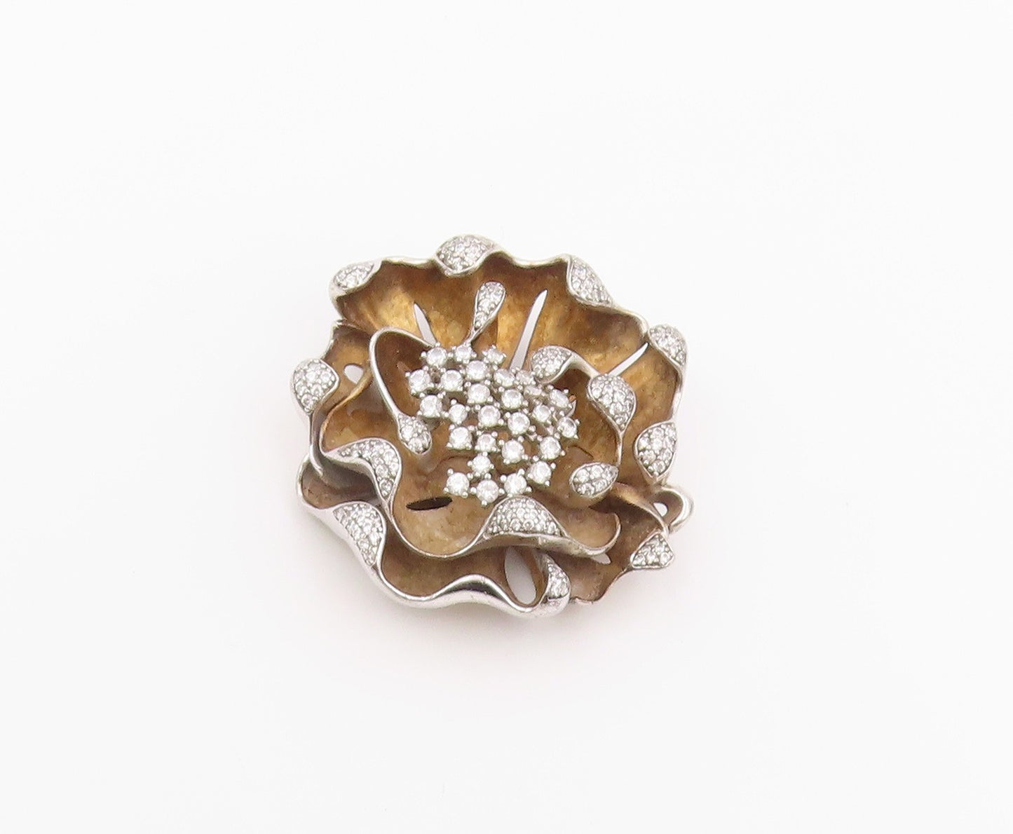 925 Sterling Silver Vintage Pendant Classic CZ Gilded Petals Blossom  PT26411