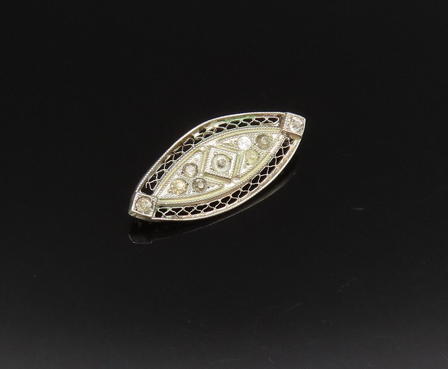 925 Sterling Silver Vintage Openwork Pattern Victorian Topaz Brooch Pin BP9848