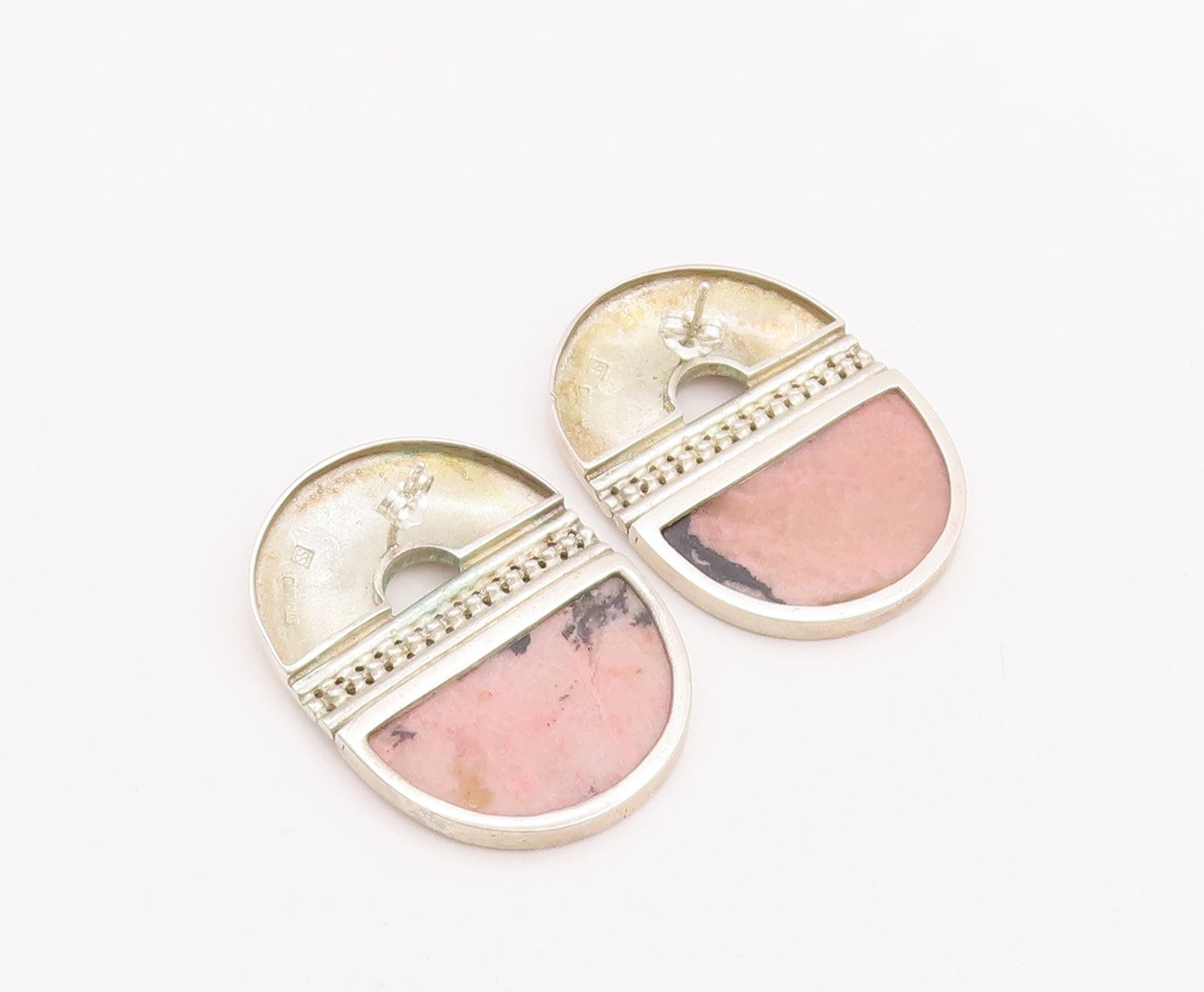 925 Sterling Silver Vintage Earrings Designer Carved Pink Black Gemstone EG12964