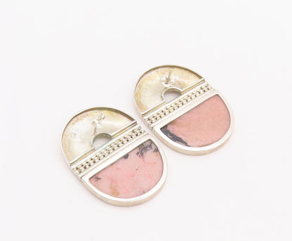 925 Sterling Silver Vintage Earrings Designer Carved Pink Black Gemstone EG12964