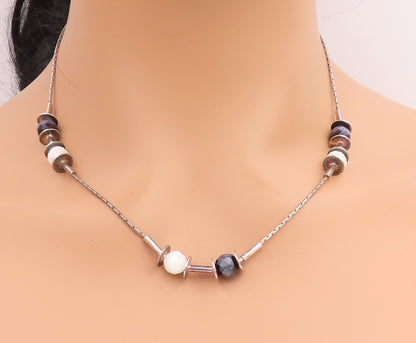 925 Sterling Silver Vintage Necklace Modernist Faceted Quartz Bead Chain  NE4804