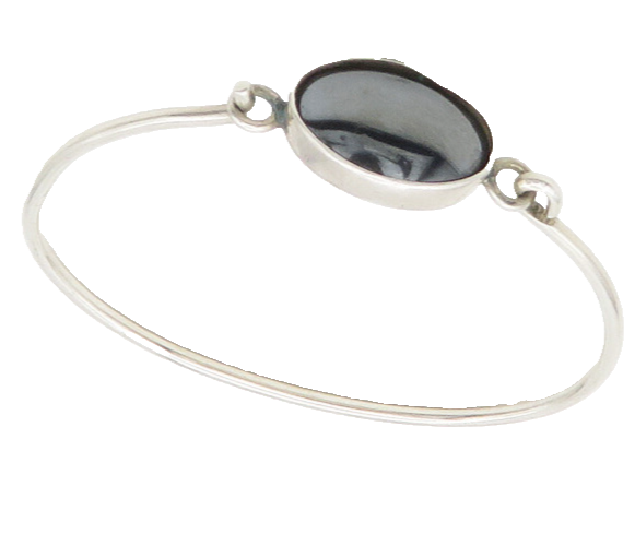 MEXICO 925 Silver  Vintage Cabochon Cut Hematite Hook Bangle Bracelet  BT6878