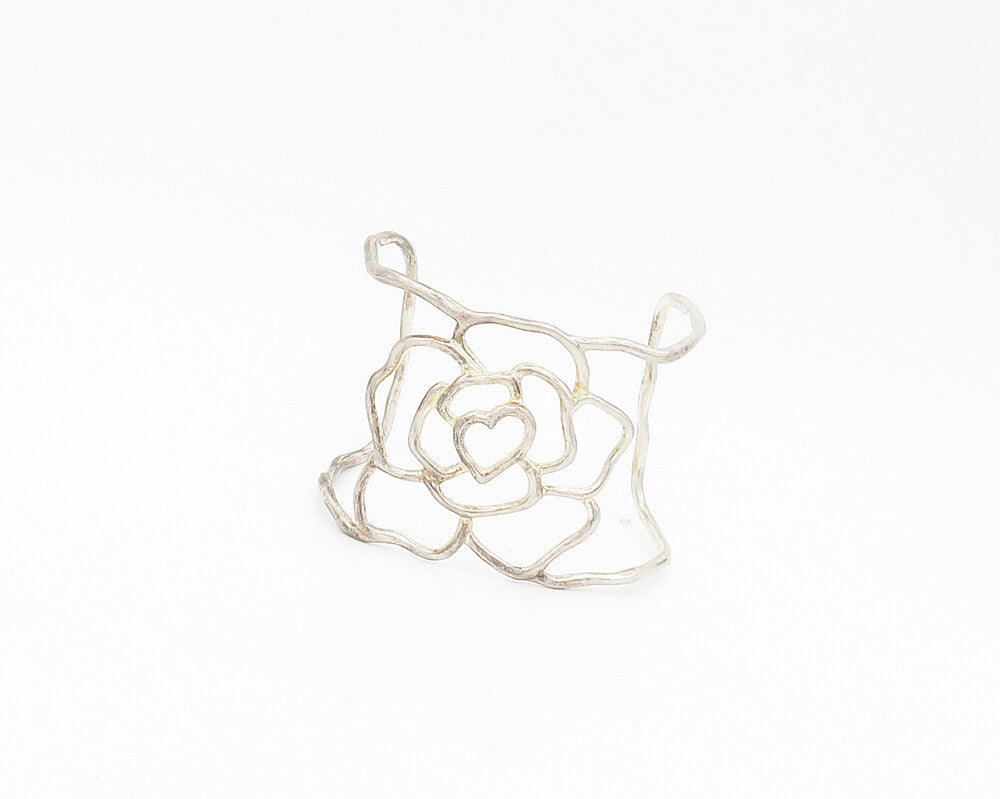 925 Sterling Silver  Vintage Shiny Flower Outline Cuff Bracelet  BT7569