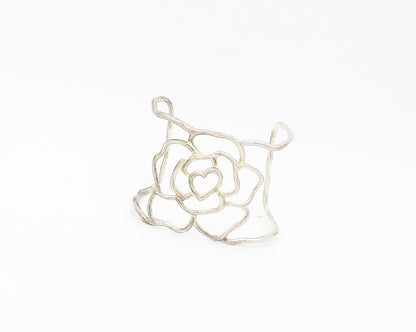 925 Sterling Silver  Vintage Shiny Flower Outline Cuff Bracelet  BT7569
