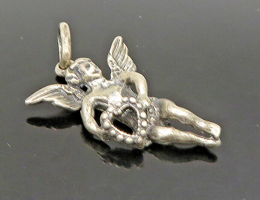 925 Sterling Silver  Vintage Dark Tone Cupid Angel Love Heart Pendant  PT19586