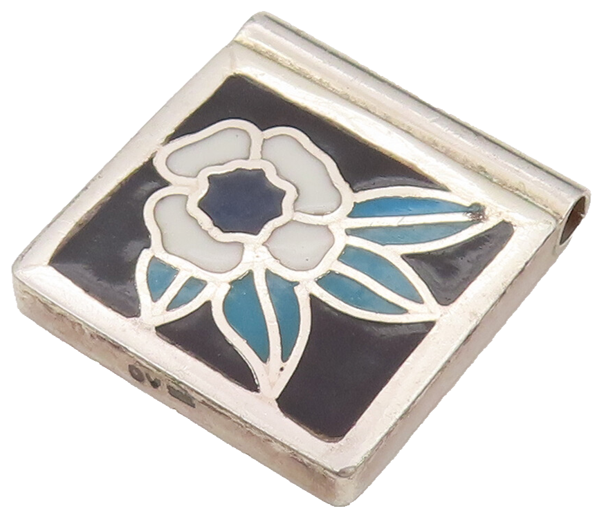 EUROPE 925 Sterling Silver  Vintage Square Flower Leaf Enamel Pendant PT22123