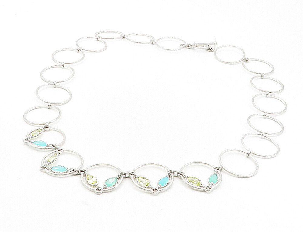 925 Sterling Silver  Chalcedony & Topaz Open Circle Link Chain Necklace NE1657
