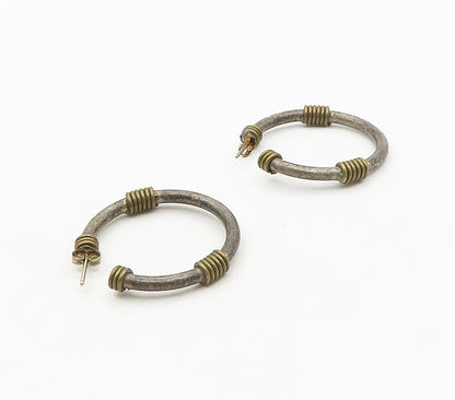 925 Sterling Silver  Vintage Two Tone Wrapped Oxidized J Hoop Earrings  EG7951
