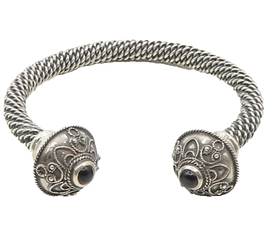 925 Sterling Silver  Vintage Black Onyx Swirl Ends Twist Cuff Bracelet  BT7578