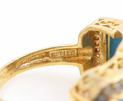 925 Sterling Silver Vintage Ring Gold Plated Diamonds &Turquoise  Sz 7.5 RG29242