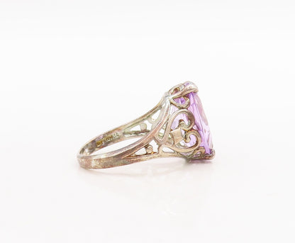925 Sterling Silver Vintage Ring Heart Cutout Oval Amethyst  Sz 6.5  RG29673