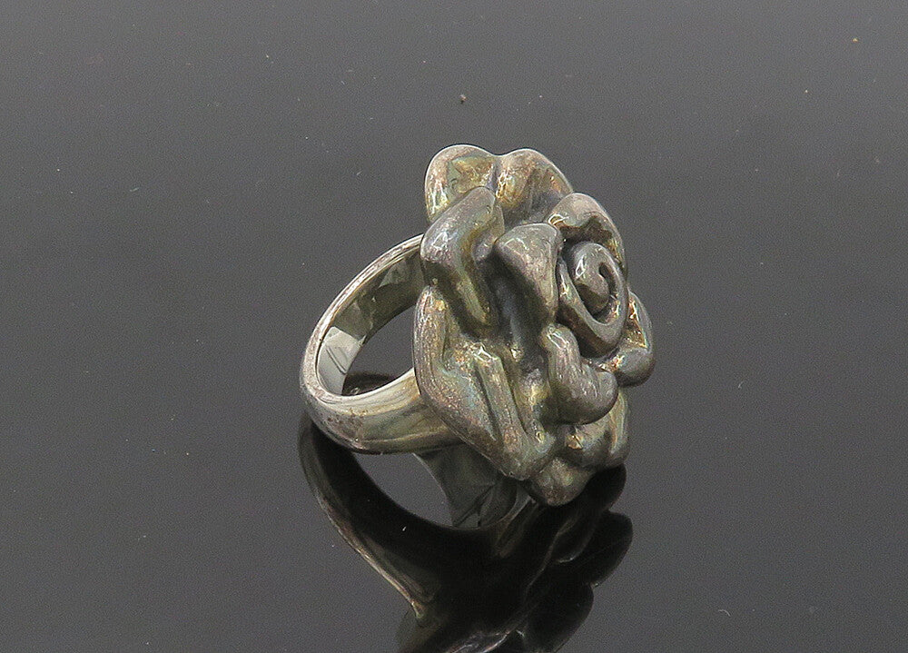 925 Sterling Silver  Vintage Dark Tone Rose Flower Band Ring Sz 7.5  RG20839