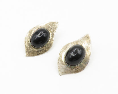 MEXICO 925 Silver   Vintage Cabochon Black Onyx Modernist Drop Earrings EG7464