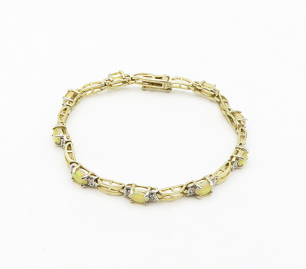 925 Sterling Silver  Genuine Diamonds & Fire Opal Shiny Chain Bracelet  BT6460