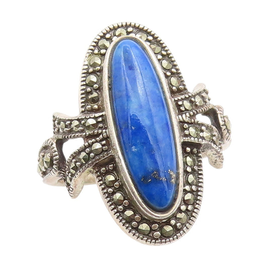 925 Sterling Silver Vintage Ring lapis Lazuli & Marcasite Band  Sz 10  RG34748