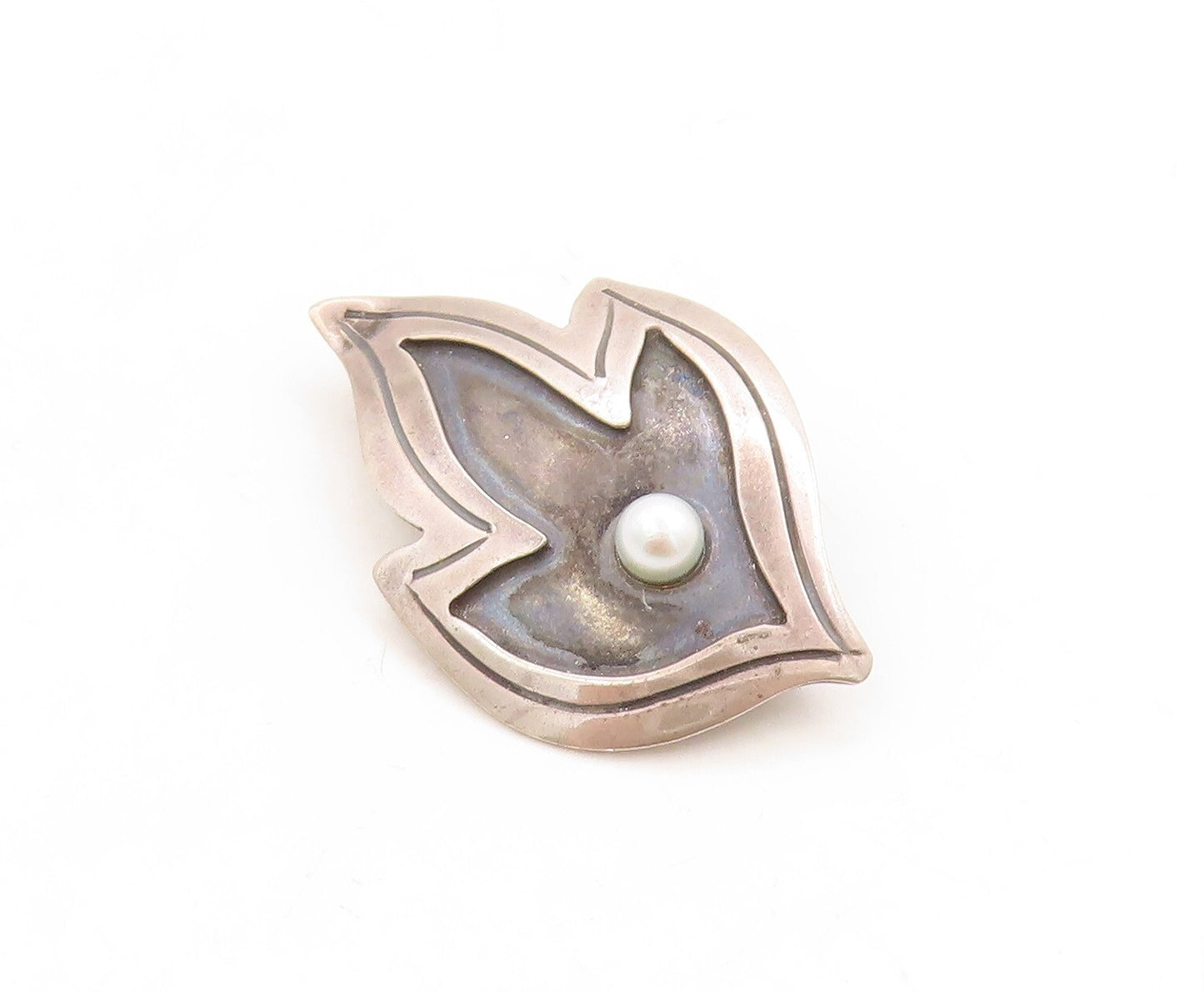925 Sterling Silver Vintage Brooch Pin Dark Tone Pearl Fire Design Cut  BP11317